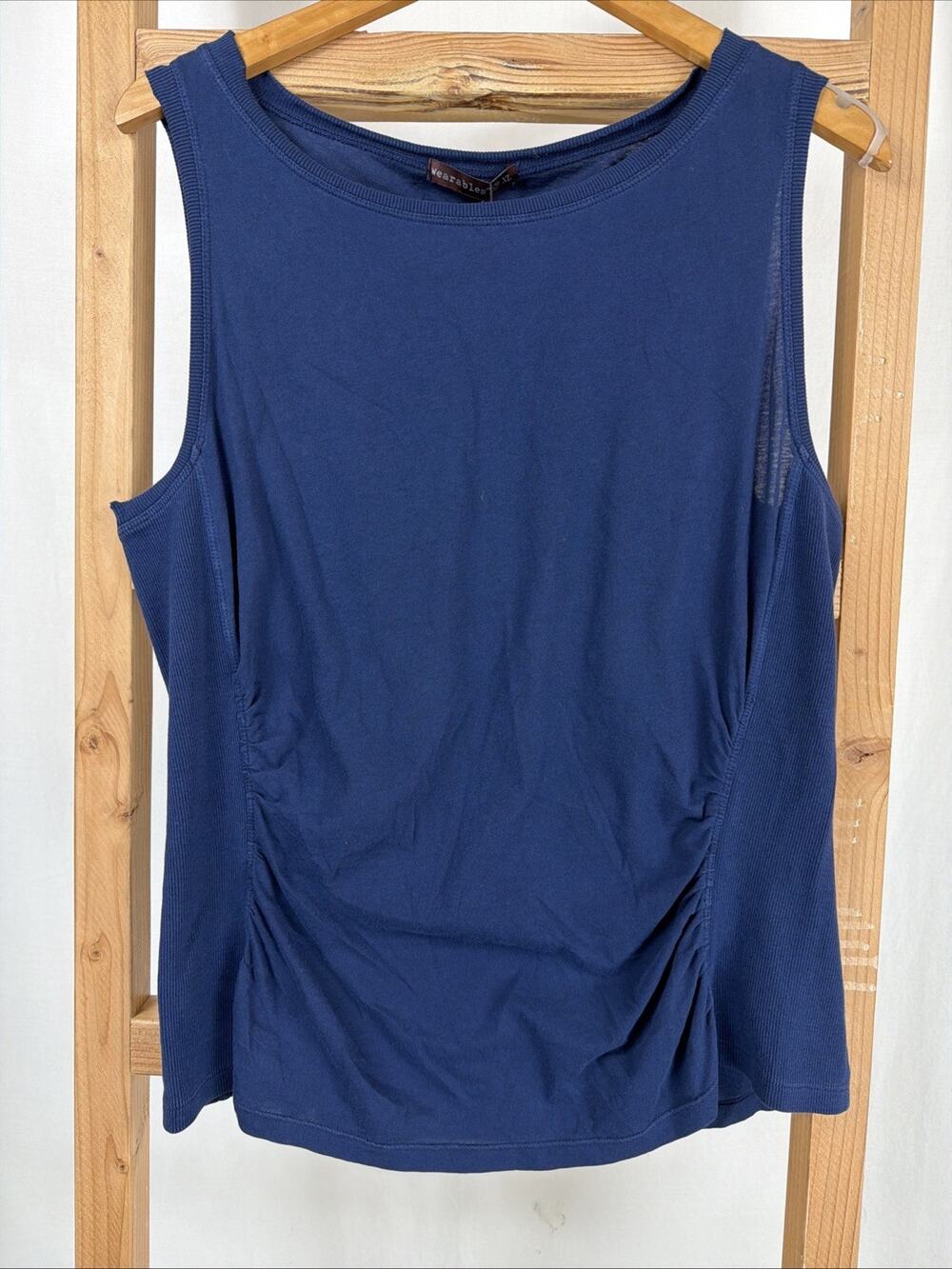 NWT XCVI Navy Round Neck Ruched Ribbed Sides Tank Top #1173 Size XL